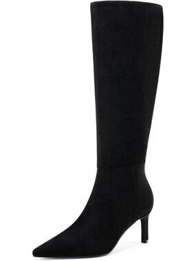 Women's Black Suede Knee High Boots 2.5-Inch Stiletto Heel Boots Pointed Toe